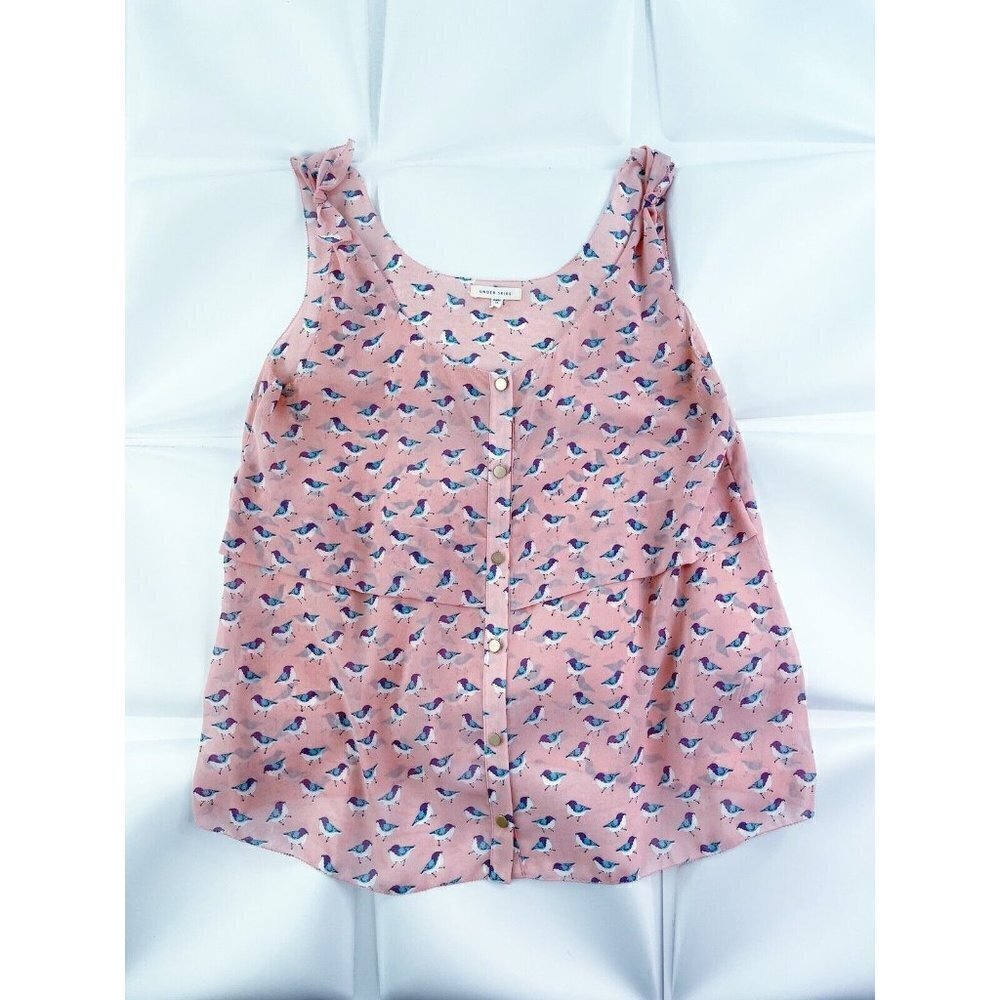 Under Skies Sz S Pink Bird Print Sheer Knot Shoulder Tank Top Blouse Womens